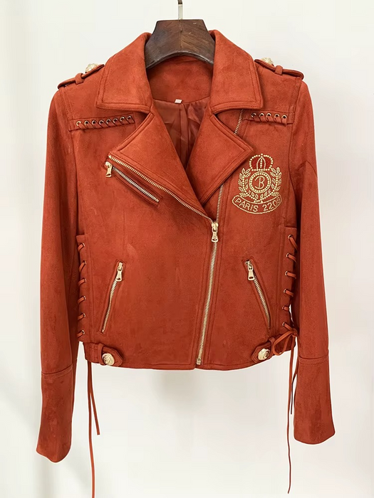 Brielle Women's  Synthetic Suede Leather Rope-Laced Biker Jacket