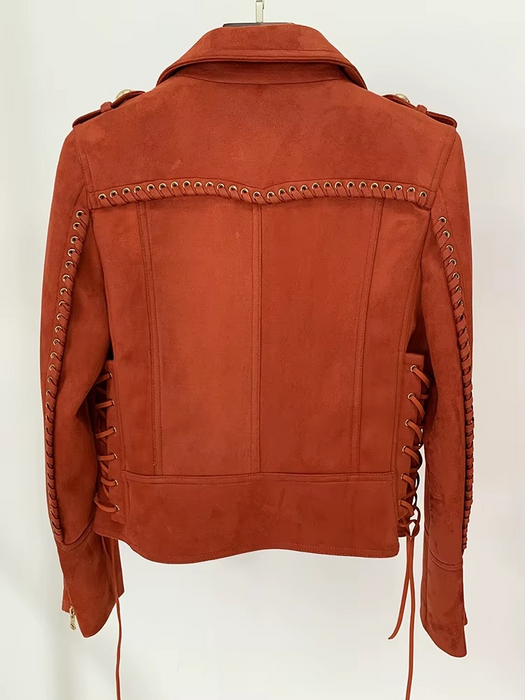 Brielle Women's  Synthetic Suede Leather Rope-Laced Biker Jacket