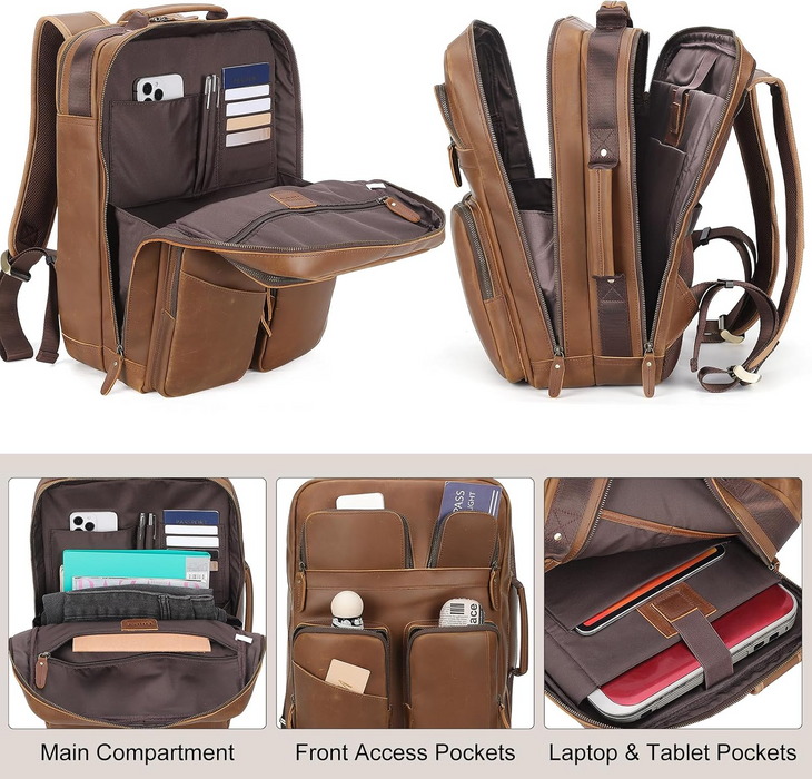 17.3" Full Grain Leather Laptop Business Travel Backpack