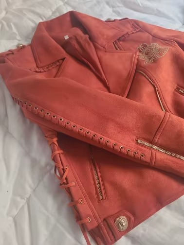 Brielle Women's  Synthetic Suede Leather Rope-Laced Biker Jacket