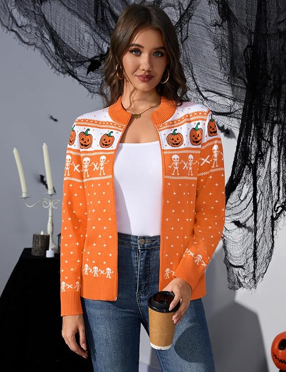 Women's Halloween Long Sleeve Knitted Zip-Up Cardigan Sweater