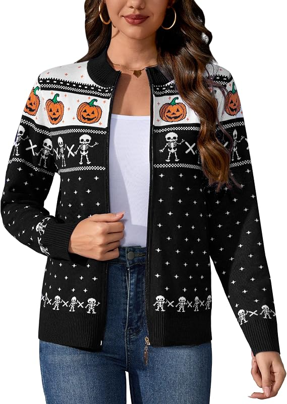 Women's Halloween Long Sleeve Knitted Zip-Up Cardigan Sweater