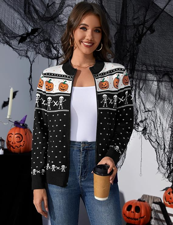 Women's Halloween Long Sleeve Knitted Zip-Up Cardigan Sweater