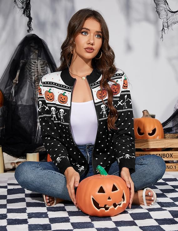 Women's Halloween Long Sleeve Knitted Zip-Up Cardigan Sweater