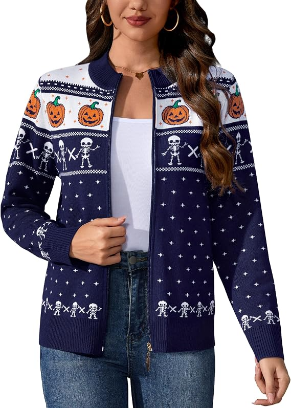 Women's Halloween Long Sleeve Knitted Zip-Up Cardigan Sweater