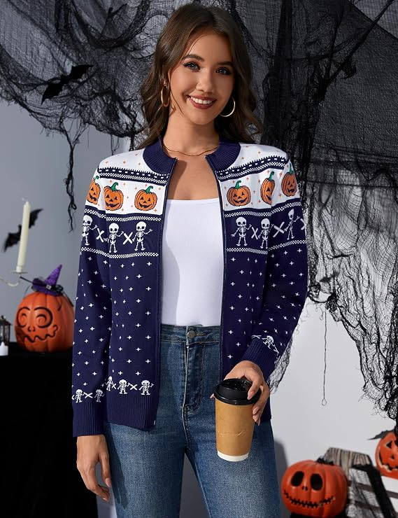 Women's Halloween Long Sleeve Knitted Zip-Up Cardigan Sweater