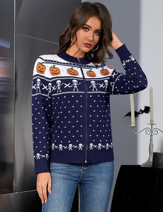 Women's Halloween Long Sleeve Knitted Zip-Up Cardigan Sweater