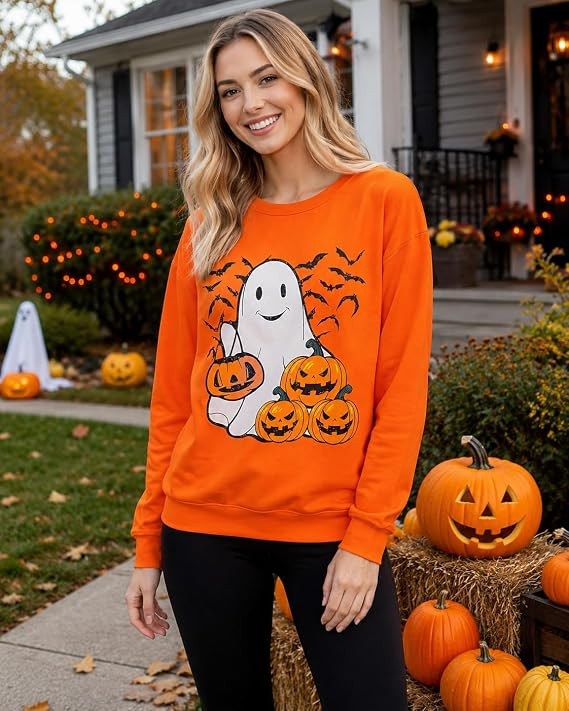 Women's Halloween Queen Sweatshirt – Funny Pumpkin Face Long Sleeve Slouchy Pullover