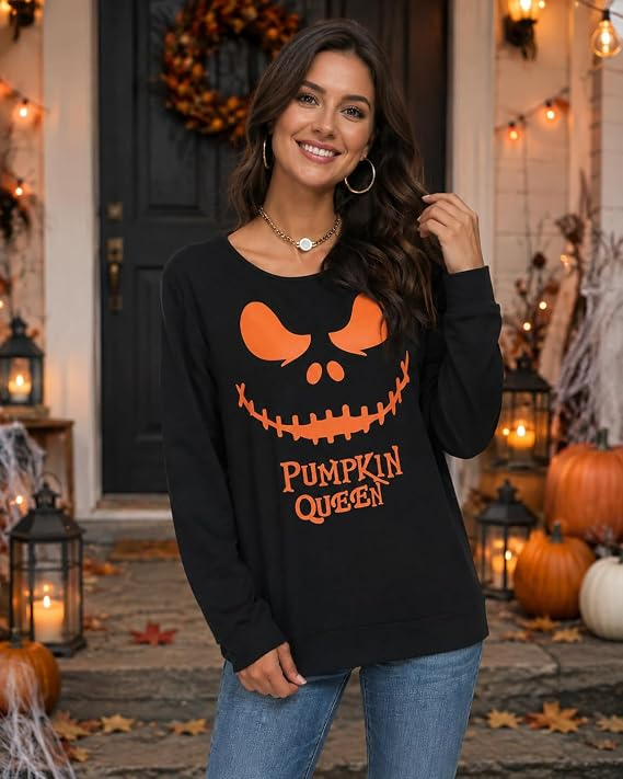 Women's Halloween Queen Sweatshirt – Funny Pumpkin Face Long Sleeve Slouchy Pullover