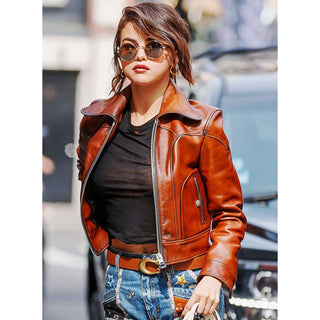 Selena Gomez Genuine Leather Jacket Brown