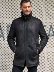 Men’s Black Shearling Fur Outwear Mink Overcoat Lapel Leather Jacket Coat