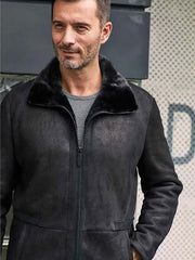 Men’s Black Shearling Fur Outwear Mink Overcoat Lapel Leather Jacket Coat