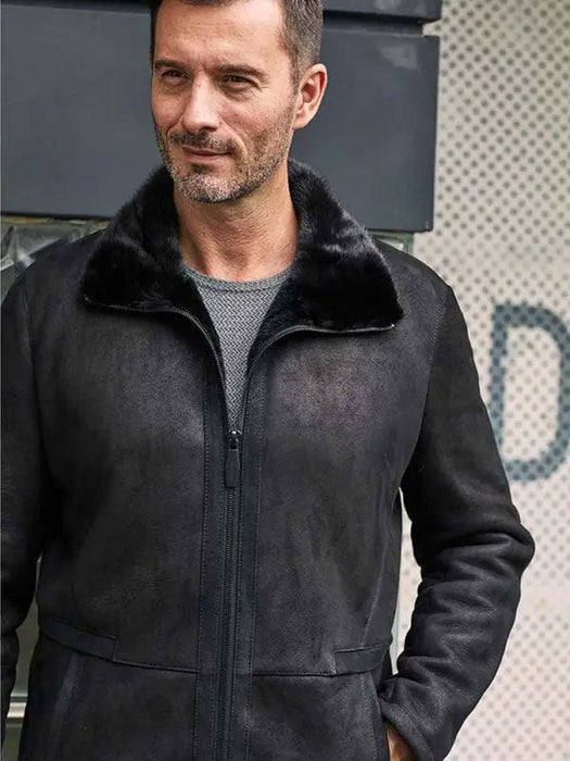 Men’s Black Shearling Fur Outwear Mink Overcoat Lapel Leather Jacket Coat