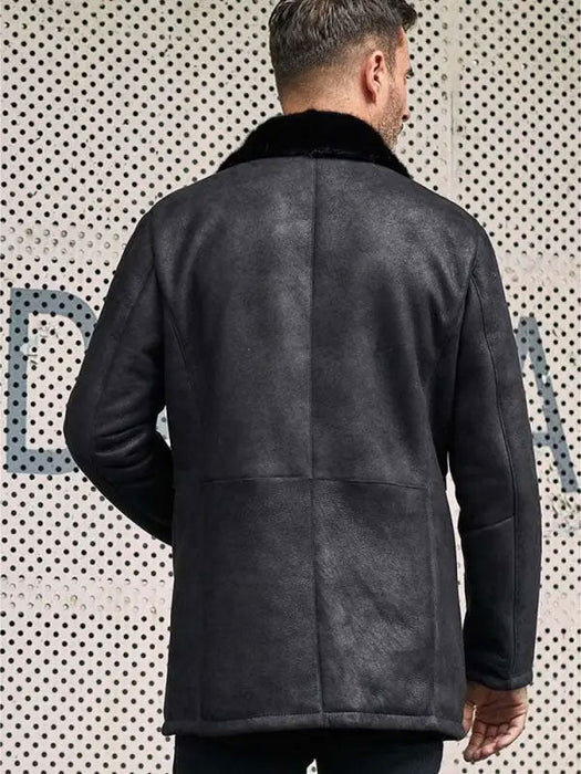 Men’s Black Shearling Fur Outwear Mink Overcoat Lapel Leather Jacket Coat