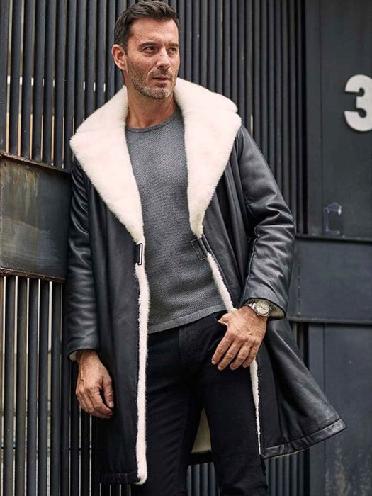 Men’s Winter Shearling Fur Black Leather Long Trench Coat