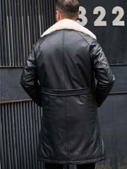 Men’s Winter Shearling Fur Black Leather Long Trench Coat