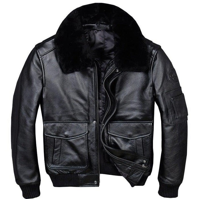 A2 USAF Pilot Leather Jacket with Faux Fur Collar-Mens Leather Jacket-Inland Leather Co. Est. 2020-black-S-Inland Leather Co.