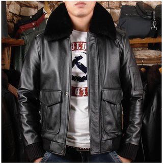 A2 USAF Pilot Leather Jacket with Faux Fur Collar-Mens Leather Jacket-Inland Leather Co. Est. 2020-black-S-Inland Leather Co.
