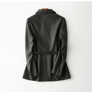 Aphrodite Womens Double Breasted Leather Coat-Womens Leather Coat-Inland Leather Co.-Black-L-Inland Leather Co.