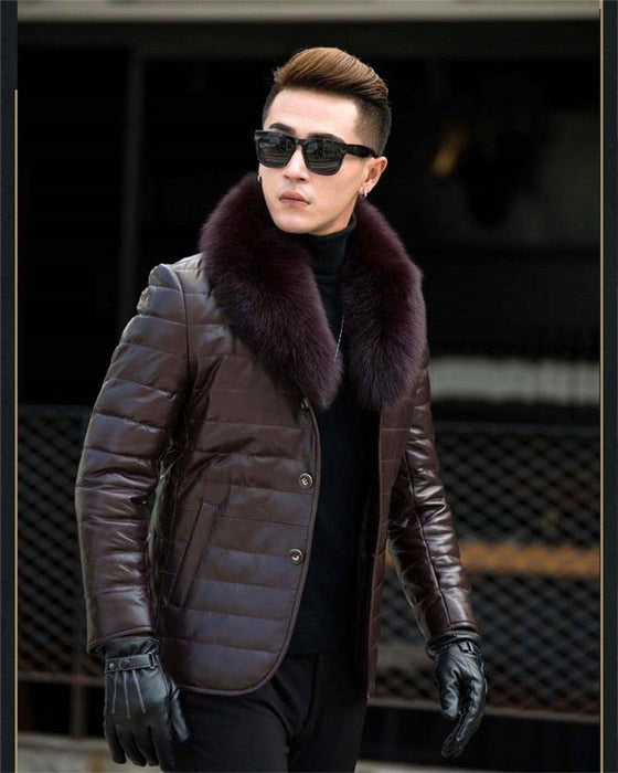 Bubble Sheepskin V-Bomber Leather Jacket - Shearling Fur Collar