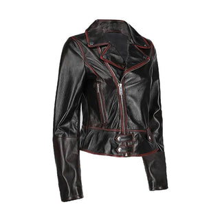 Buena Vista Womens Striped Short Biker Leather Jacket-Womens Leather Jacket-Inland Leather Co.-Inland Leather Co.