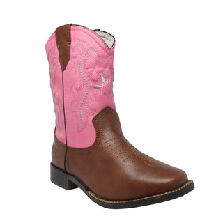 Children's 8" Western Pull on Pink Leather Boots-Childrens Leather Boots-Inland Leather Co-6-Pink/Brown-M-Inland Leather Co