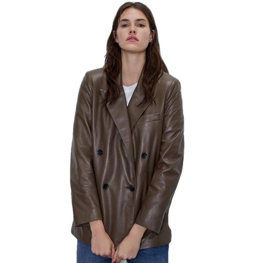 Coena Vintage Brown Double Breasted Leather Coat-Womens Leather Coat-Inland Leather Co.-Brown-M-Inland Leather Co.
