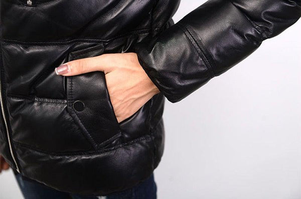 Contra 2020 Black Genuine Hooded Womens Leather Puffer Jacket-Womens Leather Jacket-Inland Leather Co.-black-XXXL-Inland Leather Co.