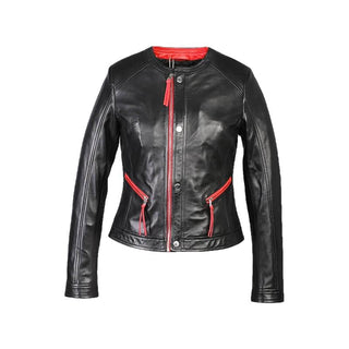 Cropped Womens Striped Short Biker Leather Jacket-Womens Leather Jacket-Inland Leather Co.-Black-S-Inland Leather Co.