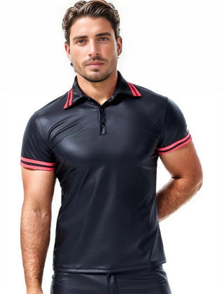 Dual Tone Mens Leather Polo Shirt-Leather Tops-Inland Leather Co-BLACK-S-United States-Inland Leather Co