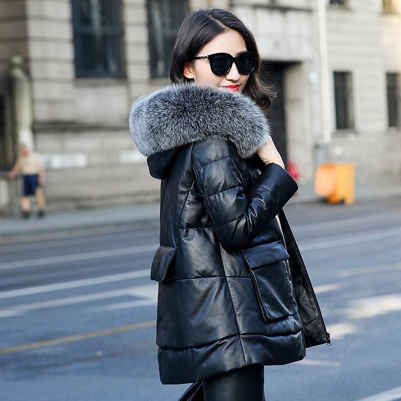 Long black womens cheap coat with fur hood