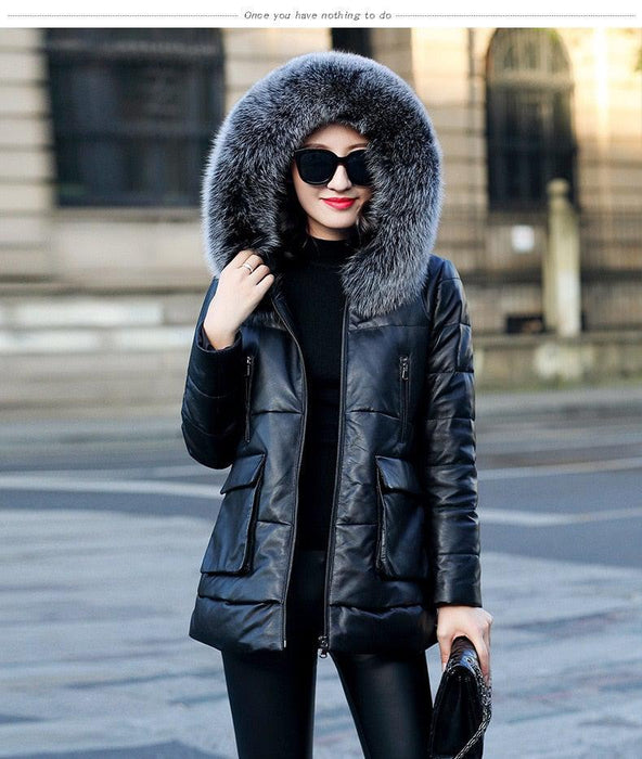 Genuine Leather Jacket Women Fox Fur and Hooded-Womens Leather Jacket-Inland Leather Co.-black-XL-Inland Leather Co.
