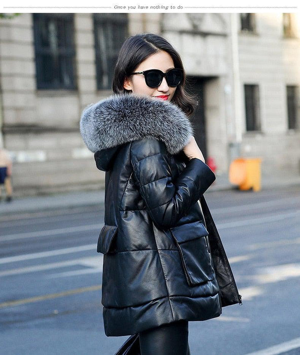 Genuine Leather Jacket Women Fox Fur and Hooded-Womens Leather Jacket-Inland Leather Co.-black-XL-Inland Leather Co.