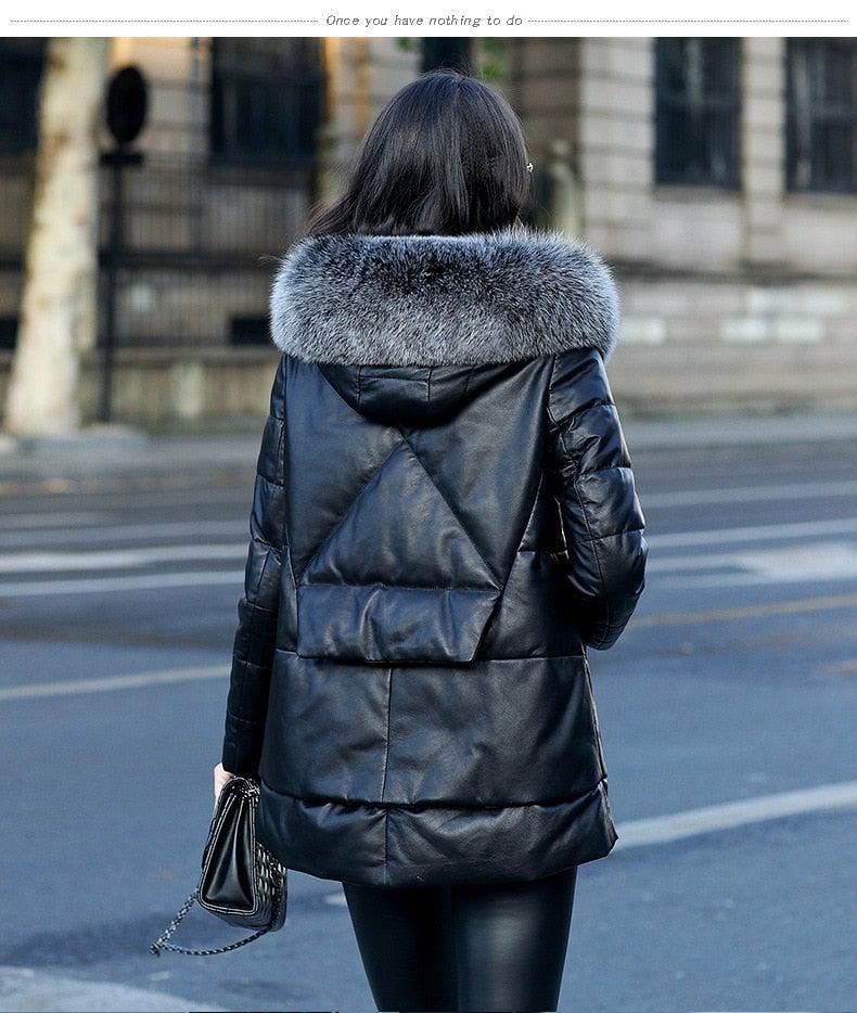 Womens leather coat outlet with fur hood