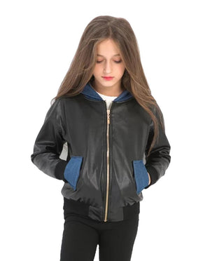 Girls Myla Denim Hoodie Leather Jacket-Girls Leather Jacket-Inland Leather-Inland Leather Co