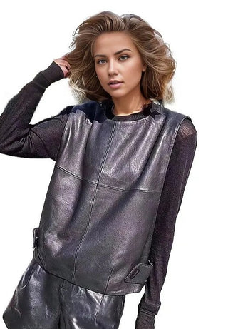 Glam Womens Genuine Leather Waistcoat Sheepskin-Womens Leather Coat-Inland Leather-Black-L-Inland Leather Co.