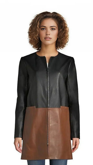 Gonce Two Tone Womens Lamb Leather Coat-Womens Leather Coat-Inland Leather Co.-Black/Brown-S-Inland Leather Co.