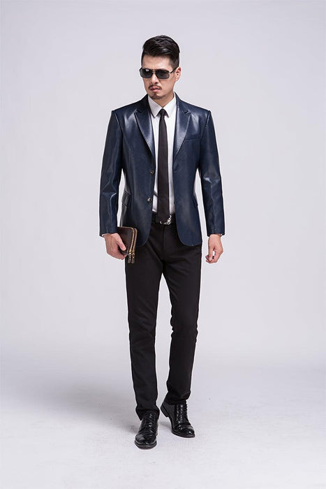 Hodor Mens 3 Button Leather Blazer Navy/Black-Mens Leather Coat-Inland Leather Co.-Black-M-Inland Leather Co.