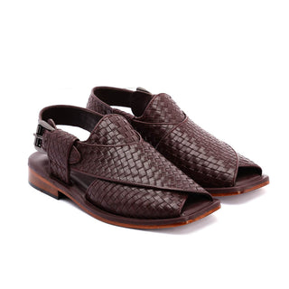 Lucas Handmade Leather Peshawari Chappal Sandals For Men Checkered Leather-Leather Sandal-Inland Leather-Brown-US 7/EU 39-Inland Leather Co