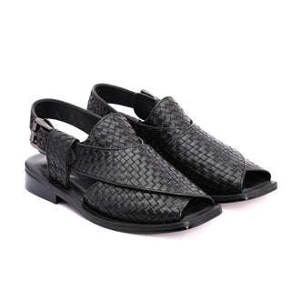 Lucas Handmade Leather Peshawari Chappal Sandals For Men Checkered Leather-Leather Sandal-Inland Leather-Black-US 7/EU 39-Inland Leather Co