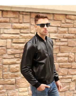 Jorah Men's Classic Bomber Leather Jacket-Mens Leather Jacket-Inland Leather Co.-black with padded-XXL-Inland Leather Co.