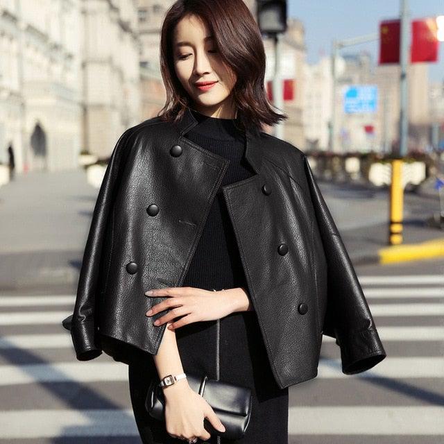 Kitana Poncho Leather Jacket-Womens Leather Coat-Inland Leather Co.-Black-S-Inland Leather Co.