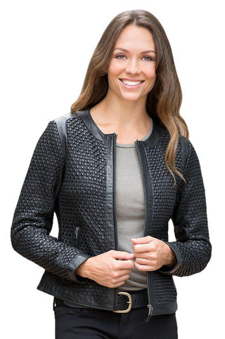 Mariah Womens Weavery Patterned High Fashion Leather Jacket-Womens Leather Jacket-Inland Leather Co.-Black-S-Inland Leather Co.