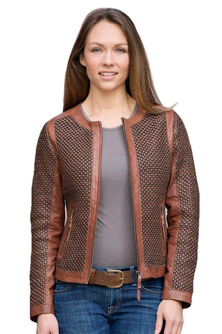Mariah Womens Weavery Patterned High Fashion Leather Jacket-Womens Leather Jacket-Inland Leather Co.-Brown-S-Inland Leather Co.