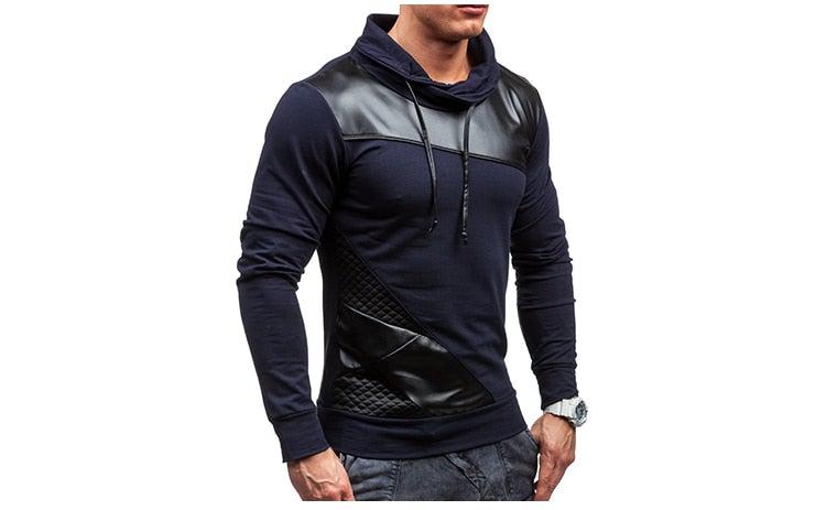 Men's Turtleneck Patch Leather Long Sleeve T Shirt-Leather Tops-Inland Leather Co-Inland Leather Co.