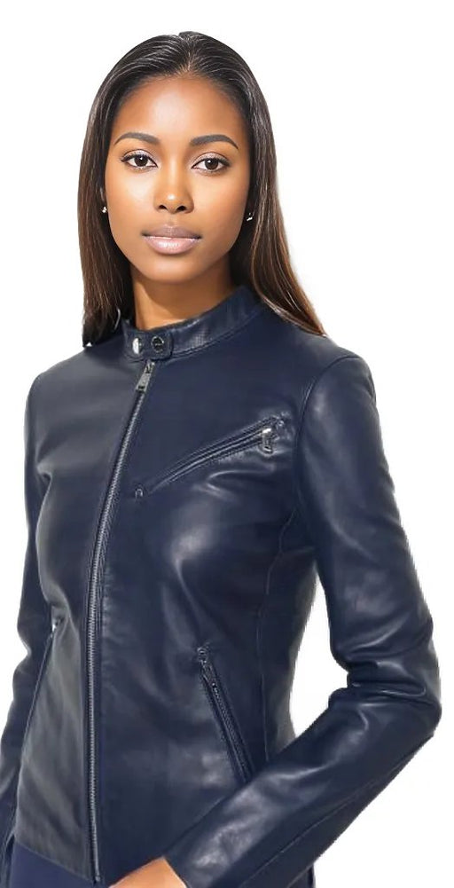 NY Womens Waxed Leather Jacket-Womens Leather Jacket-Inland Leather Co.-Blue-S-Inland Leather Co.