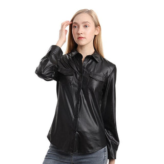 Nightclub Women's Genuine Leather Buttoned Long Sleeve Shirt-Leather Tops-Inland Leather Co-Inland Leather Co