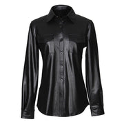Nightclub Women's Genuine Leather Buttoned Long Sleeve Shirt-Leather Tops-Inland Leather Co-Inland Leather Co