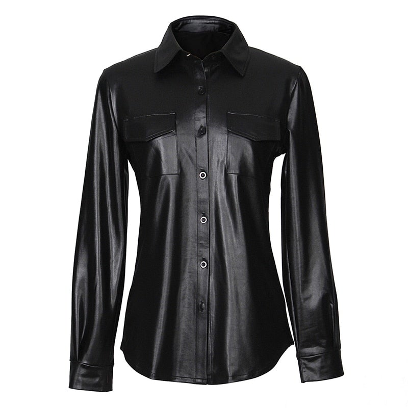 Nightclub Women's Genuine Leather Buttoned Long Sleeve Shirt-Leather Tops-Inland Leather Co-Inland Leather Co