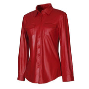 Nightclub Women's Genuine Leather Buttoned Long Sleeve Shirt-Leather Tops-Inland Leather Co-Inland Leather Co